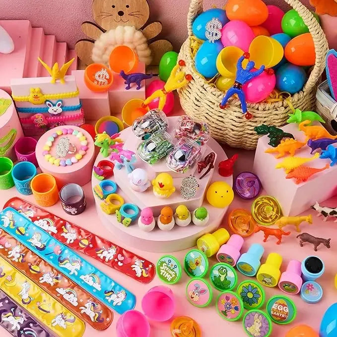 Easter Eggs Toys and Stickers for Easter Egg Hunt, Filled with Toys Party Favors for Kids Boys Girls Easter Eggs Hunt, Basket Stuffers Fillers, Classroom Prize Supplies Kids Outdoor Play