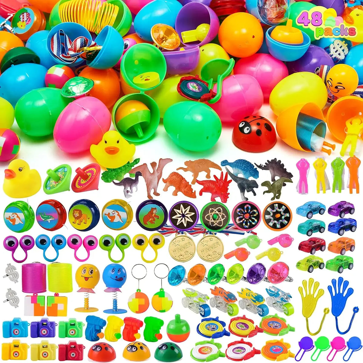 Easter Eggs Toys and Stickers for Easter Egg Hunt, Filled with Toys Party Favors for Kids Boys Girls Easter Eggs Hunt, Basket Stuffers Fillers, Classroom Prize Supplies Kids Outdoor Play