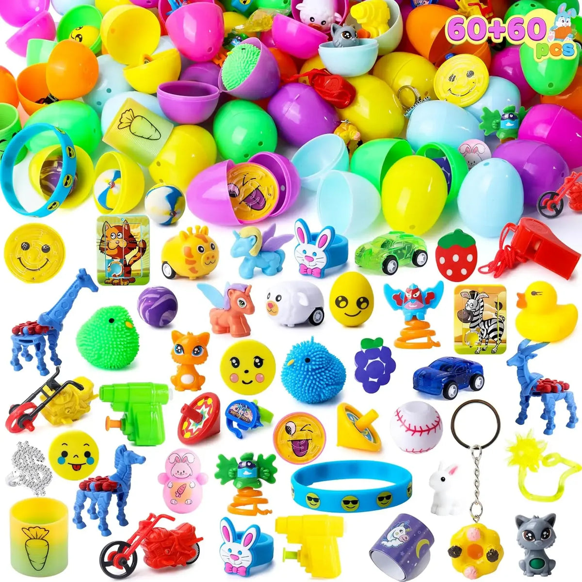 Easter Eggs Toys and Stickers for Easter Egg Hunt, Filled with Toys Party Favors for Kids Boys Girls Easter Eggs Hunt, Basket Stuffers Fillers, Classroom Prize Supplies Kids Outdoor Play