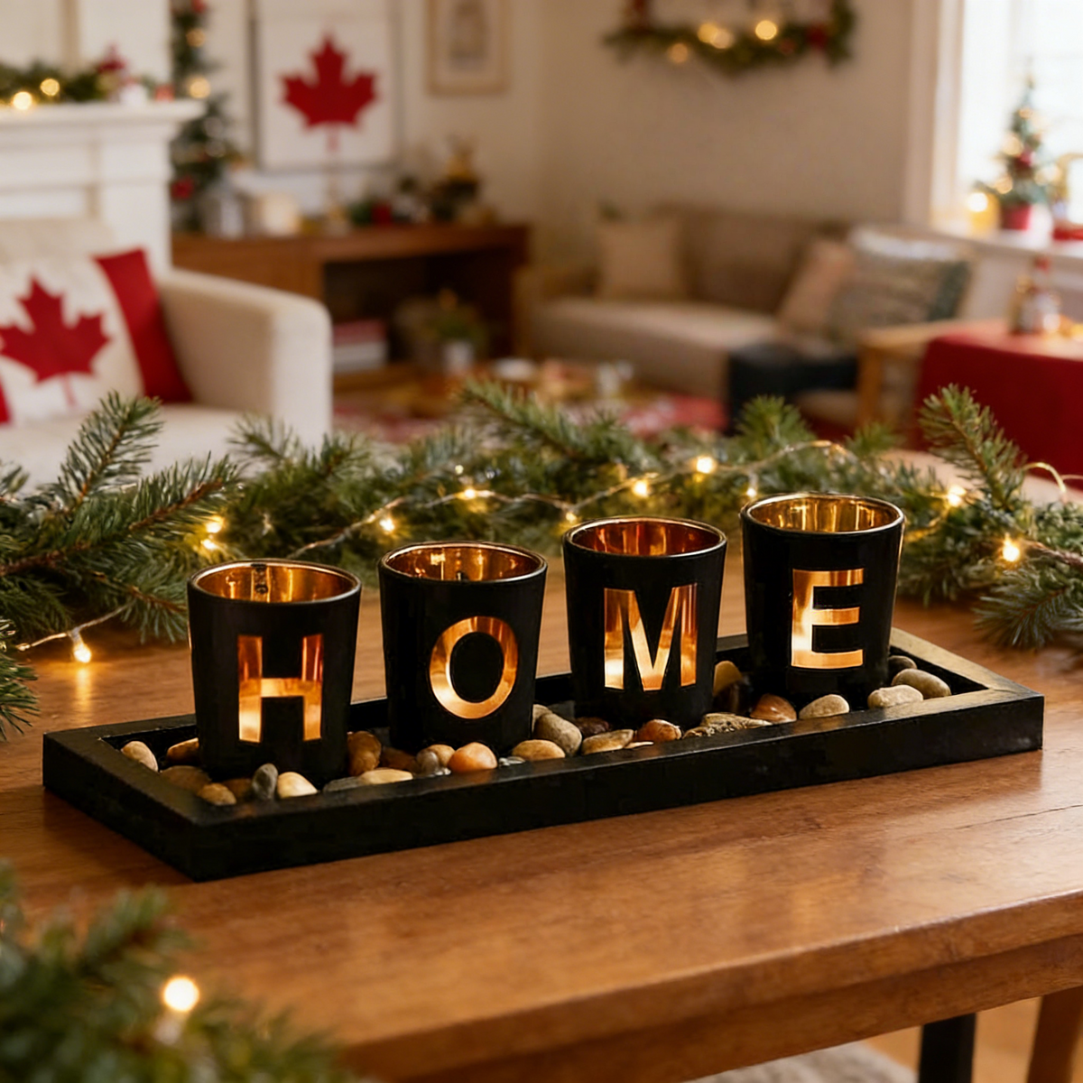 4 Glass Tea Light Candle Holders with Wooden Candle Holders Tray and Pebbles