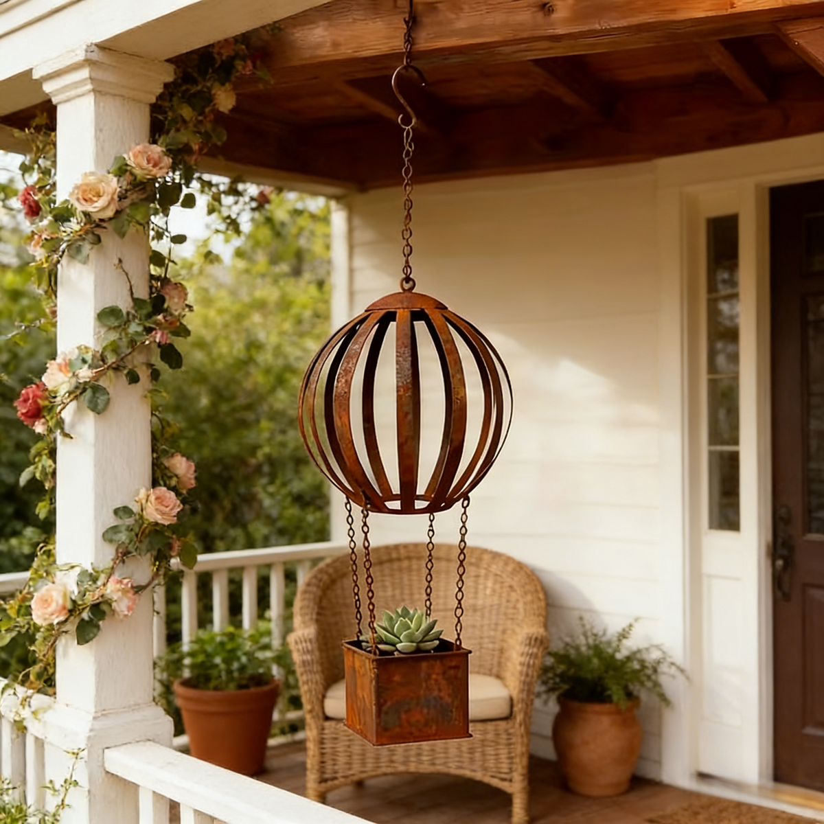 Rusty Metal Hot Air Balloon Hanging Basket