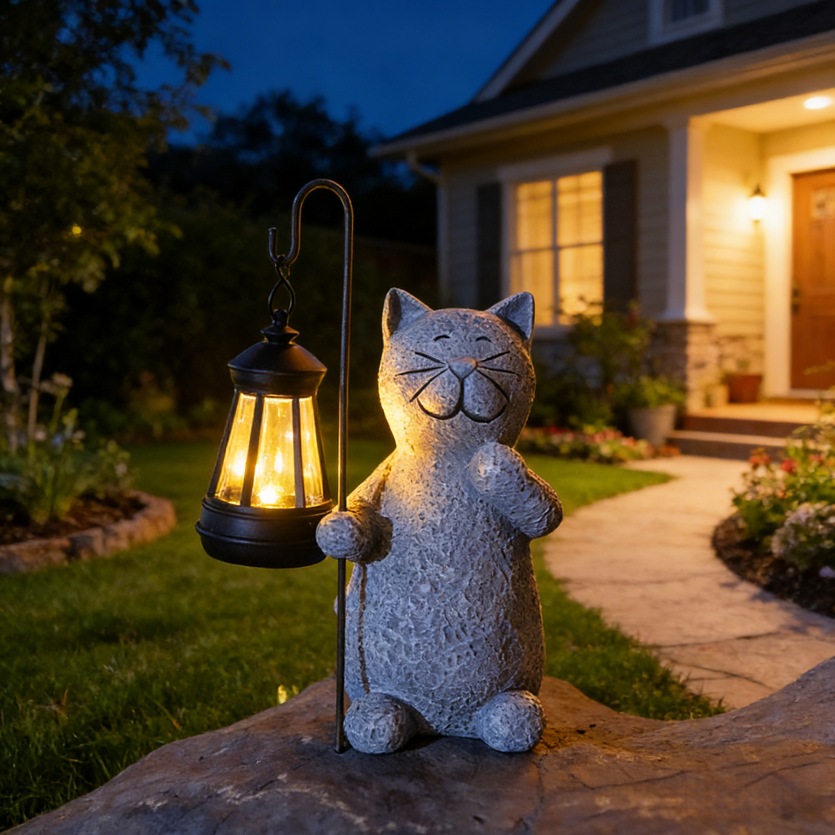 Solar-Powered Outdoor for Cat Statue with Auto-On LED Light