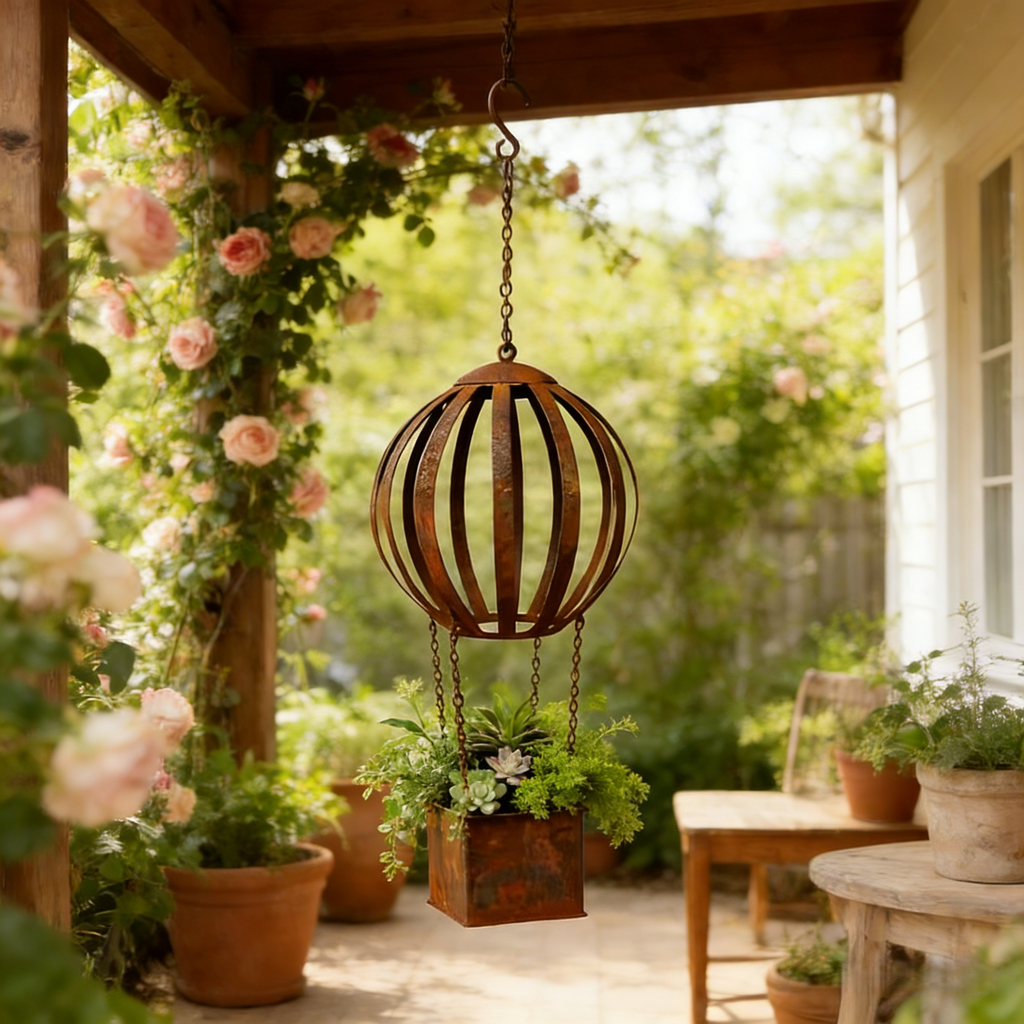Rusty Metal Hot Air Balloon Hanging Basket