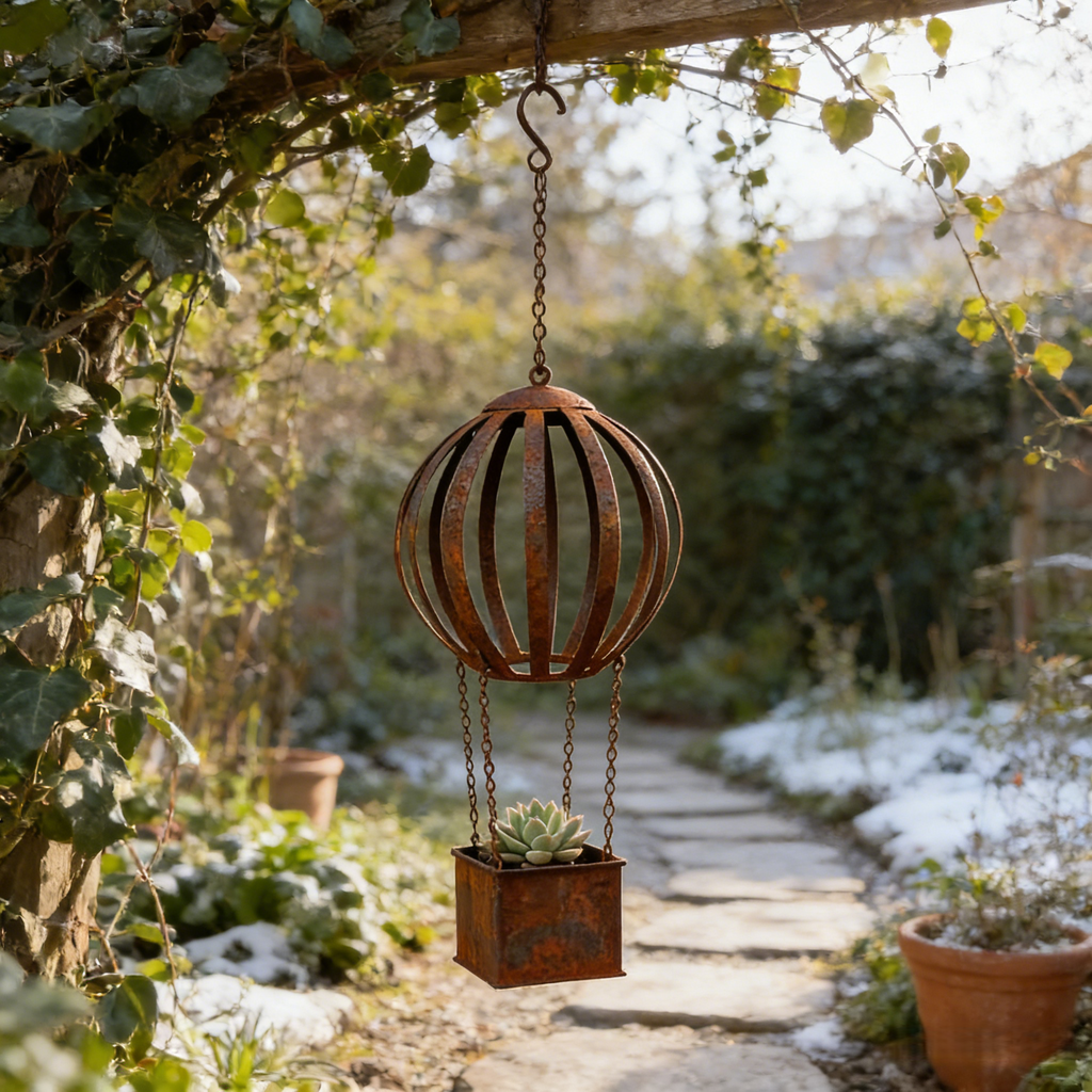 Rusty Metal Hot Air Balloon Hanging Basket
