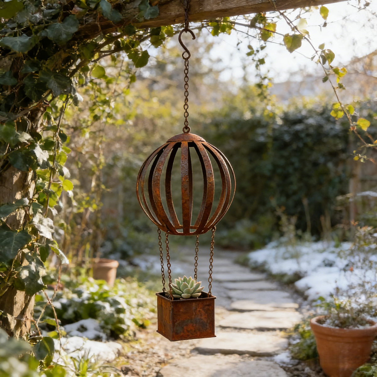 Rusty Metal Hot Air Balloon Hanging Basket