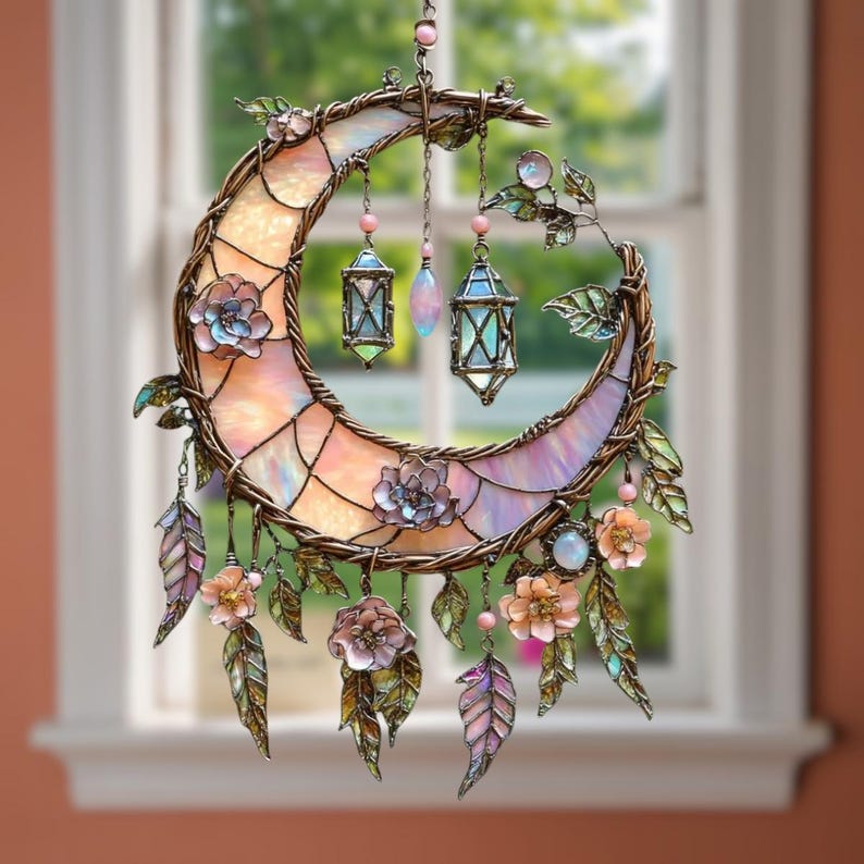 🔥🔥New Year 50% Off--🌙Hand-Painted Moon and Floral Window Decor💖