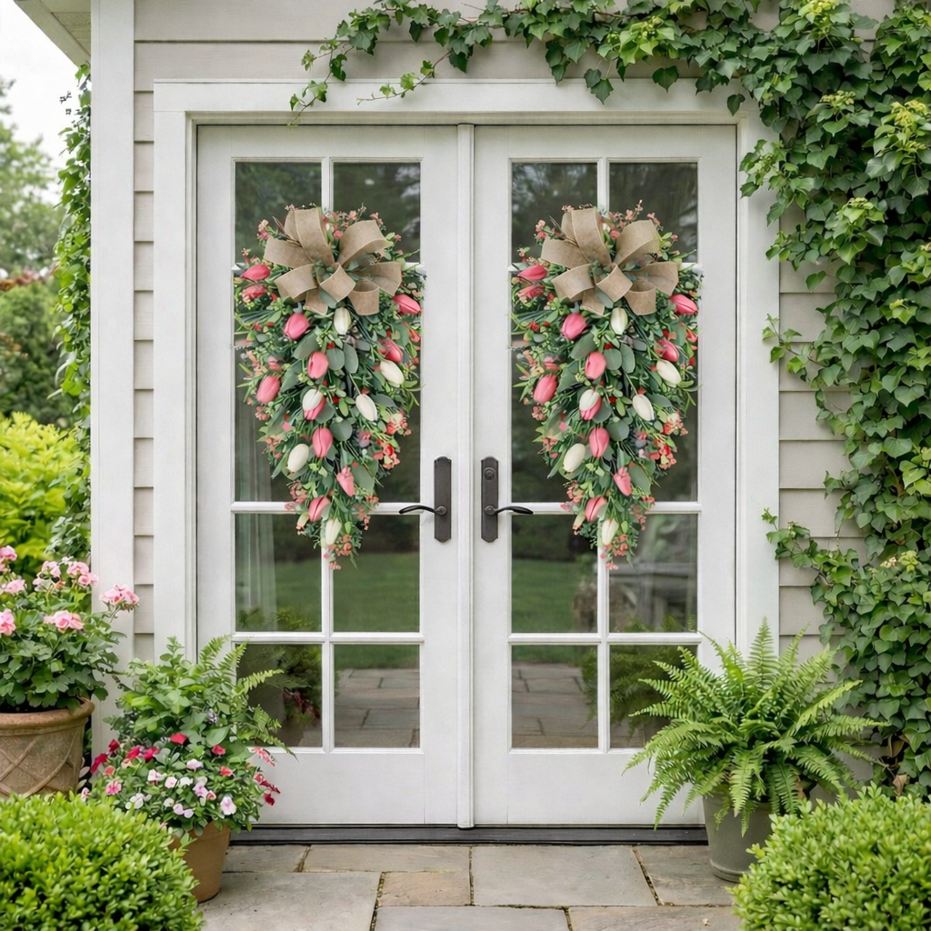 Artificial Tulip Door Swag with Greenery Leaves and Burlap Bow