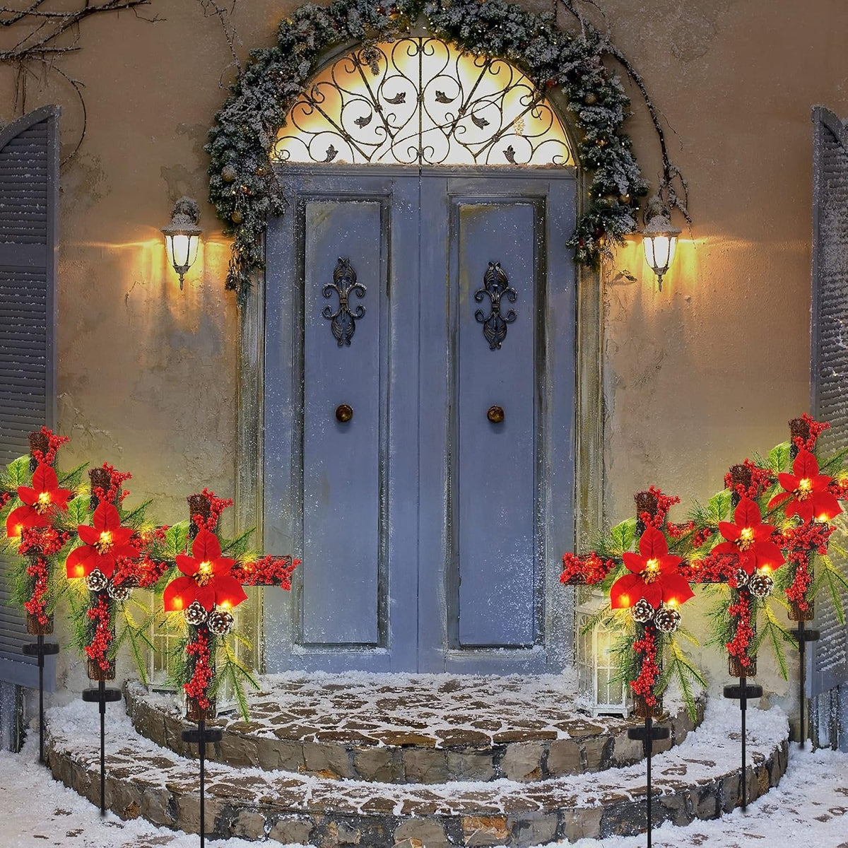 Christmas Waterproof Cross Solar Stake Decoration with Holiday Greenery & Poinsettia &  Berries
