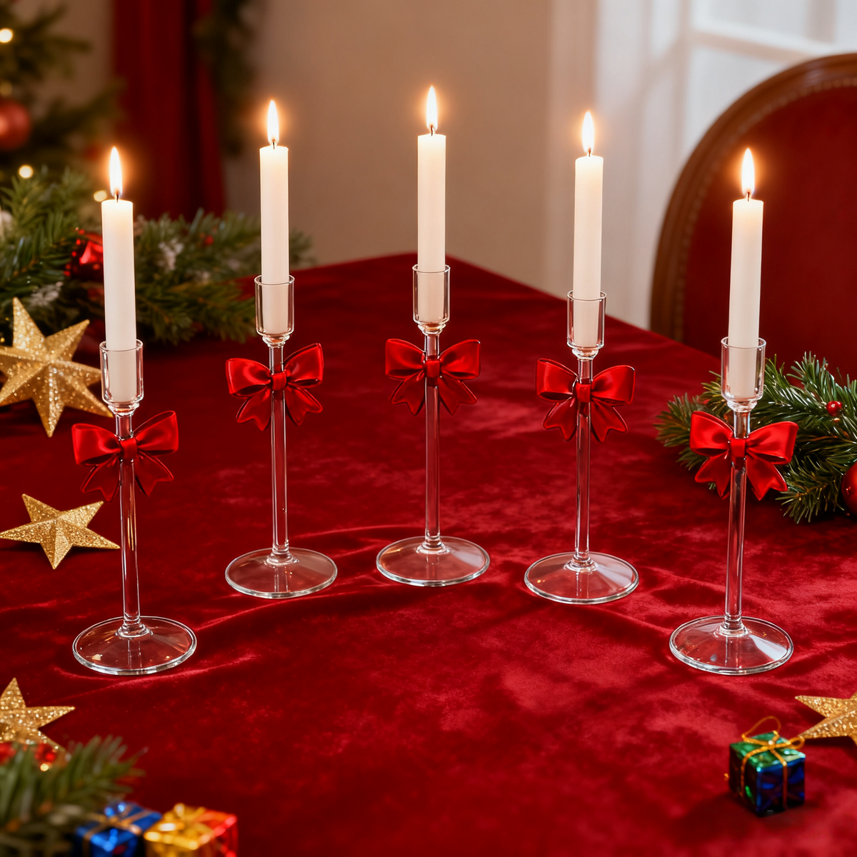 🎄Early Christmas Sale🔥Clear Glass Christmas Taper Candle Holder with Bow
