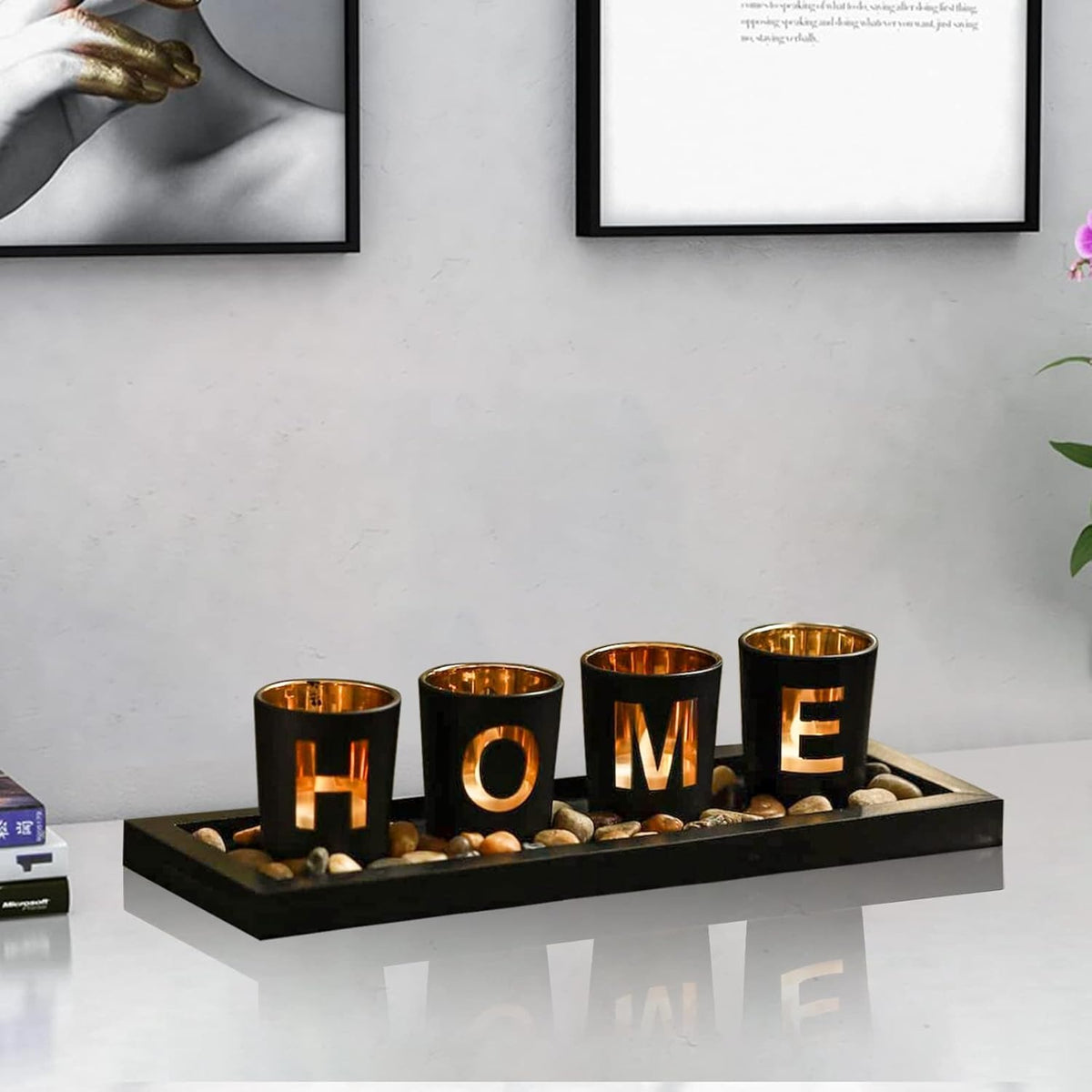 4 Glass Tea Light Candle Holders with Wooden Candle Holders Tray and Pebbles