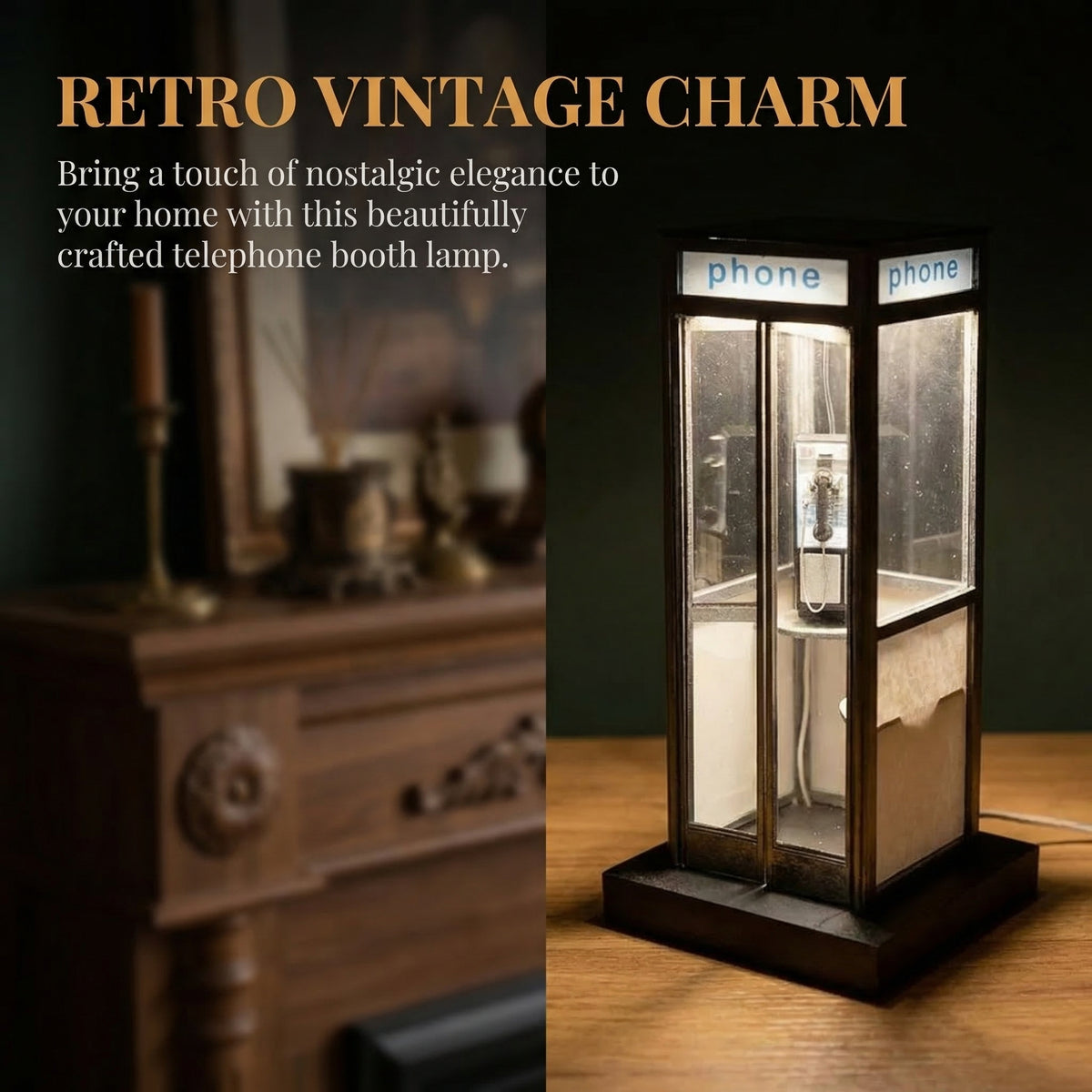 Retro Vintage Tall Phonebooth Lamp – Mini Telephone Booth Ambient Desk Light for Home Decor