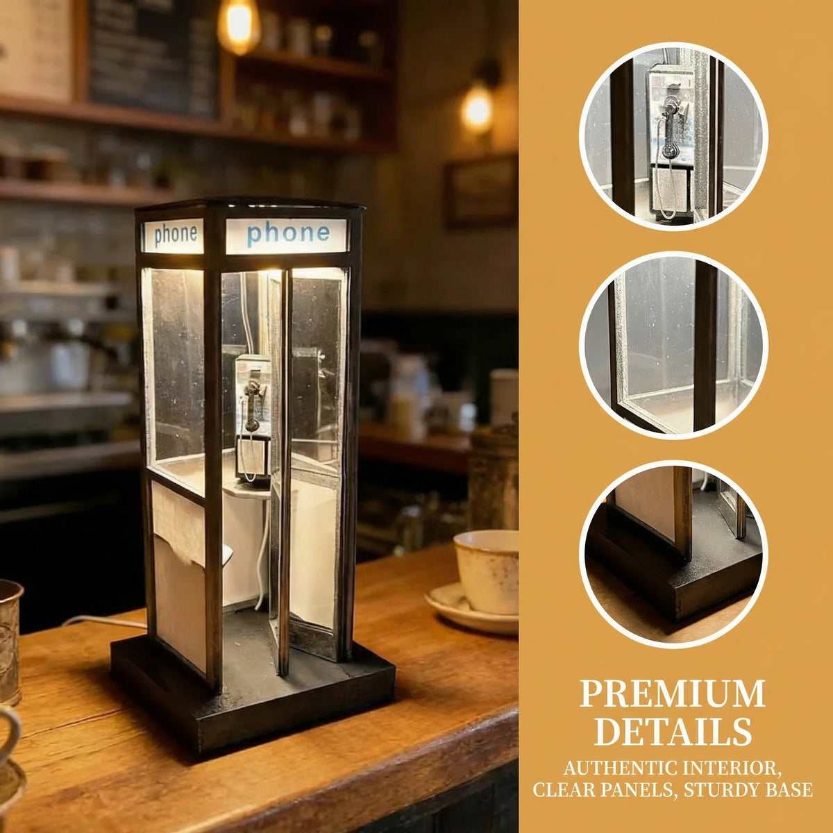Retro Vintage Tall Phonebooth Lamp – Mini Telephone Booth Ambient Desk Light for Home Decor