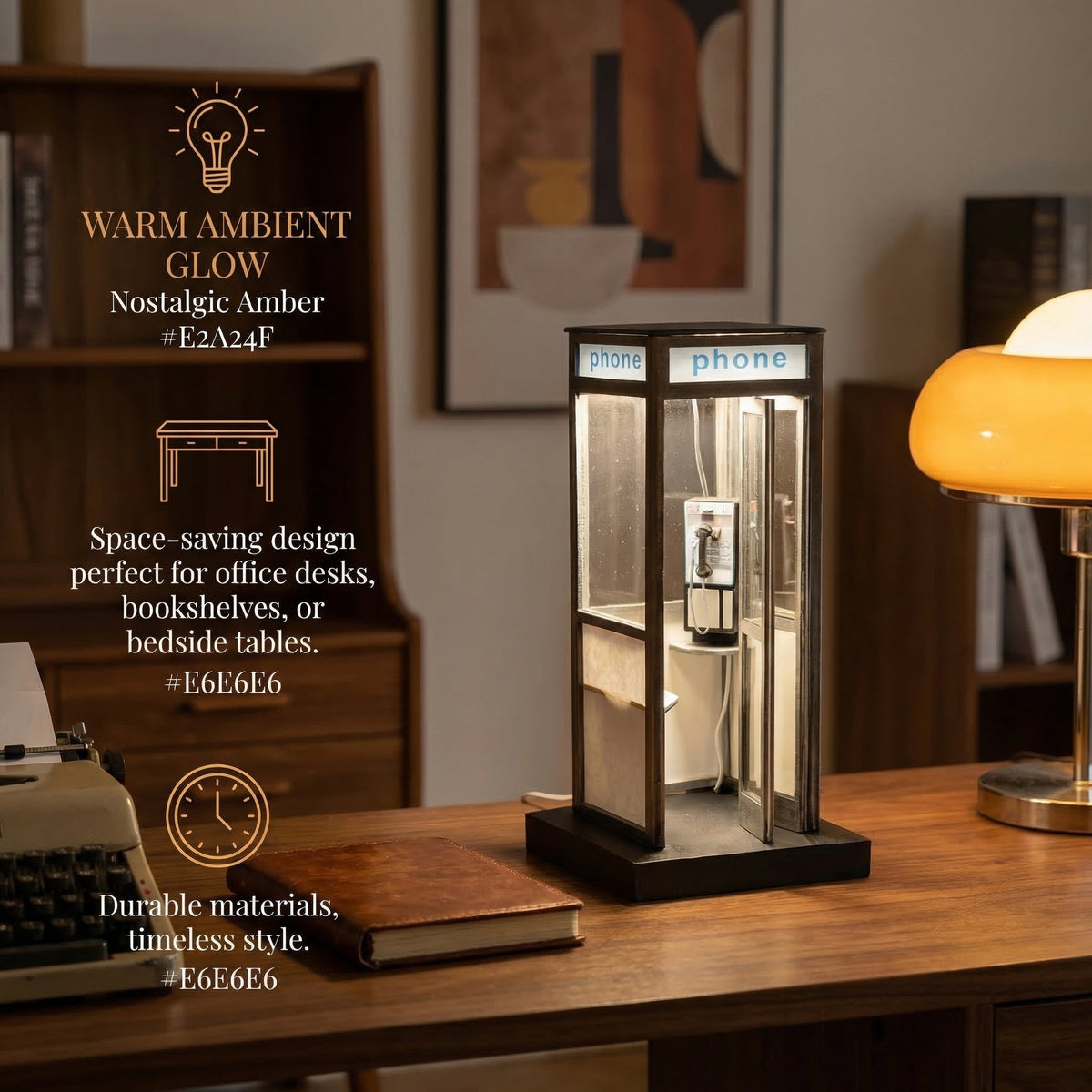 Retro Vintage Tall Phonebooth Lamp – Mini Telephone Booth Ambient Desk Light for Home Decor