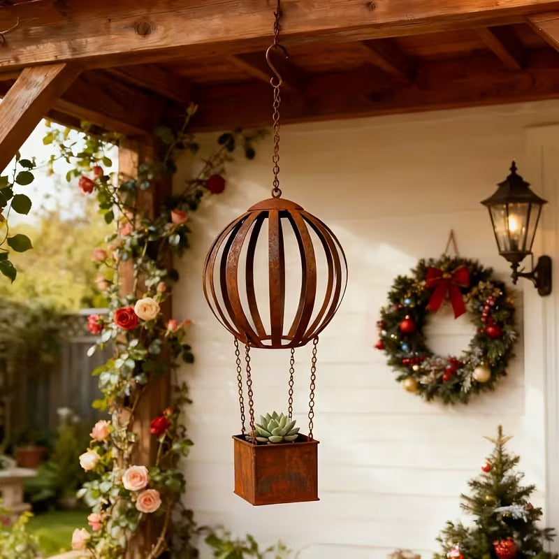 Rusty Metal Hot Air Balloon Hanging Basket