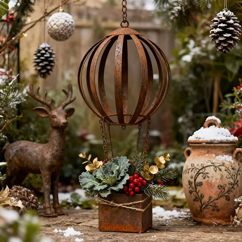 Rusty Metal Hot Air Balloon Hanging Basket