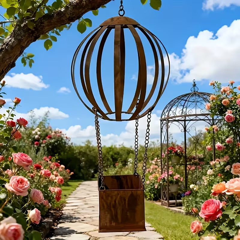 Rusty Metal Hot Air Balloon Hanging Basket