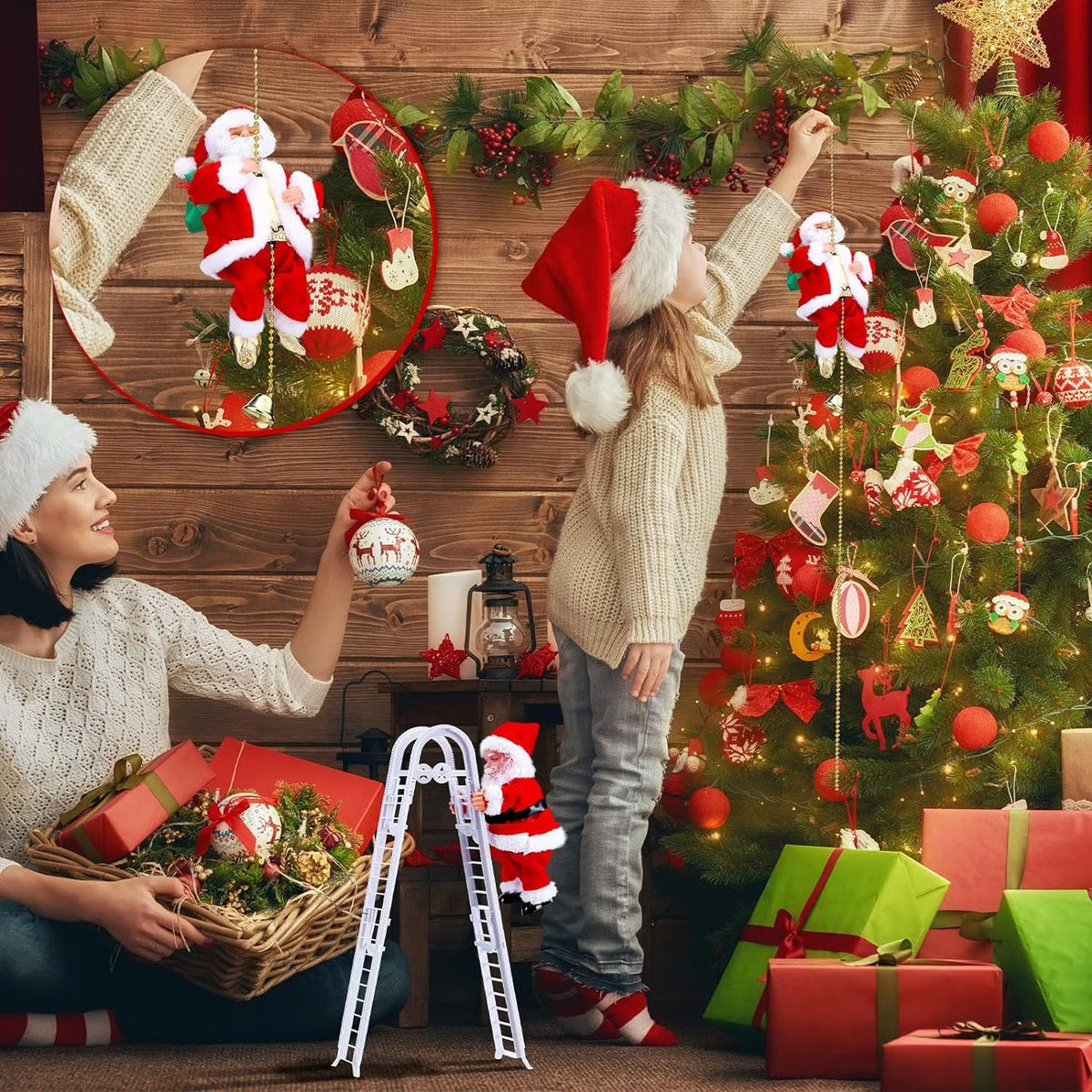 🎄2025 Christmas On Sale🎅Electric Climbing Santa Claus on Beads Chain Ladder with Music
