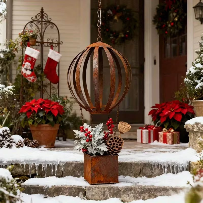 Rusty Metal Hot Air Balloon Hanging Basket