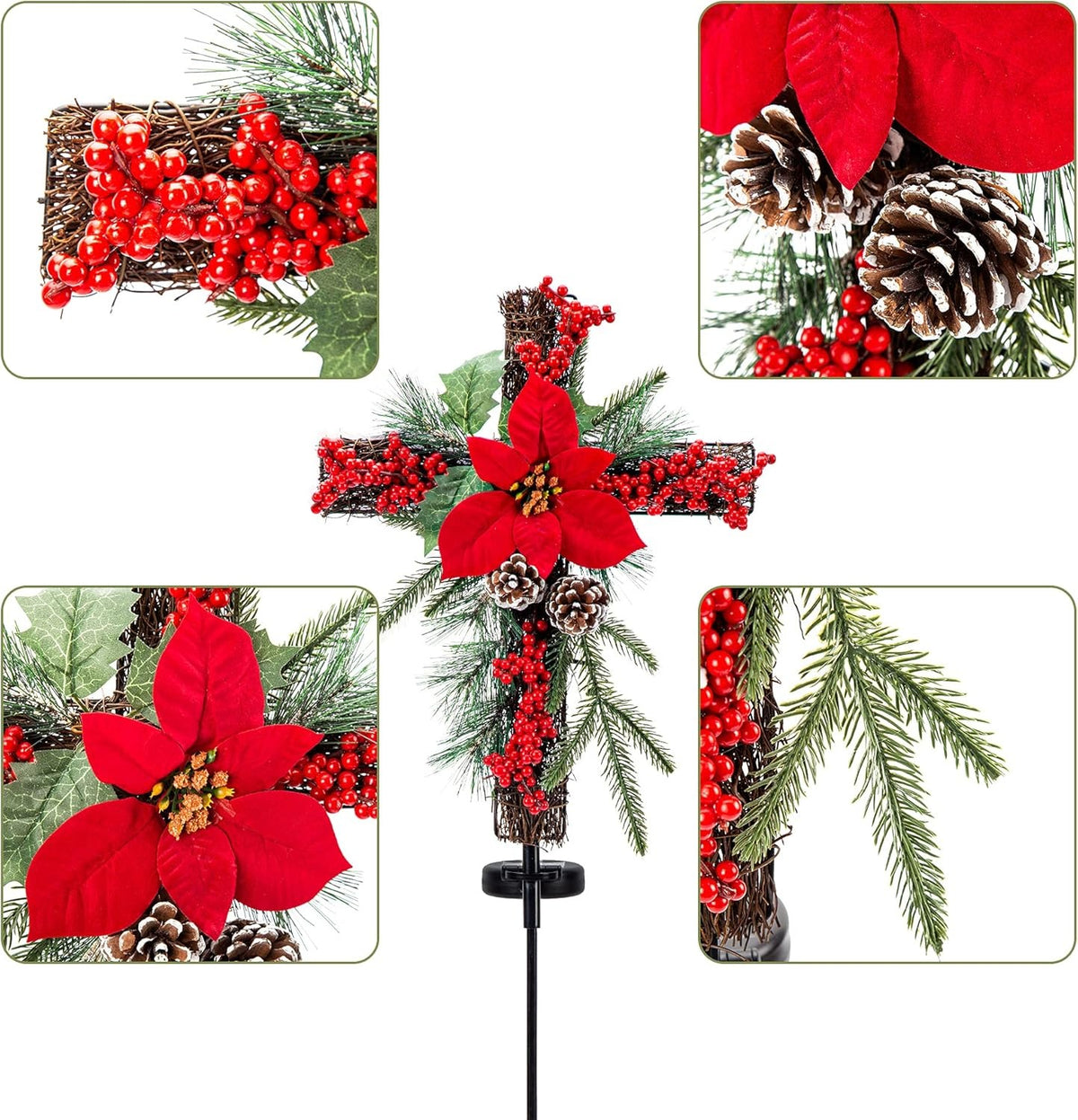 Christmas Waterproof Cross Solar Stake Decoration with Holiday Greenery & Poinsettia &  Berries