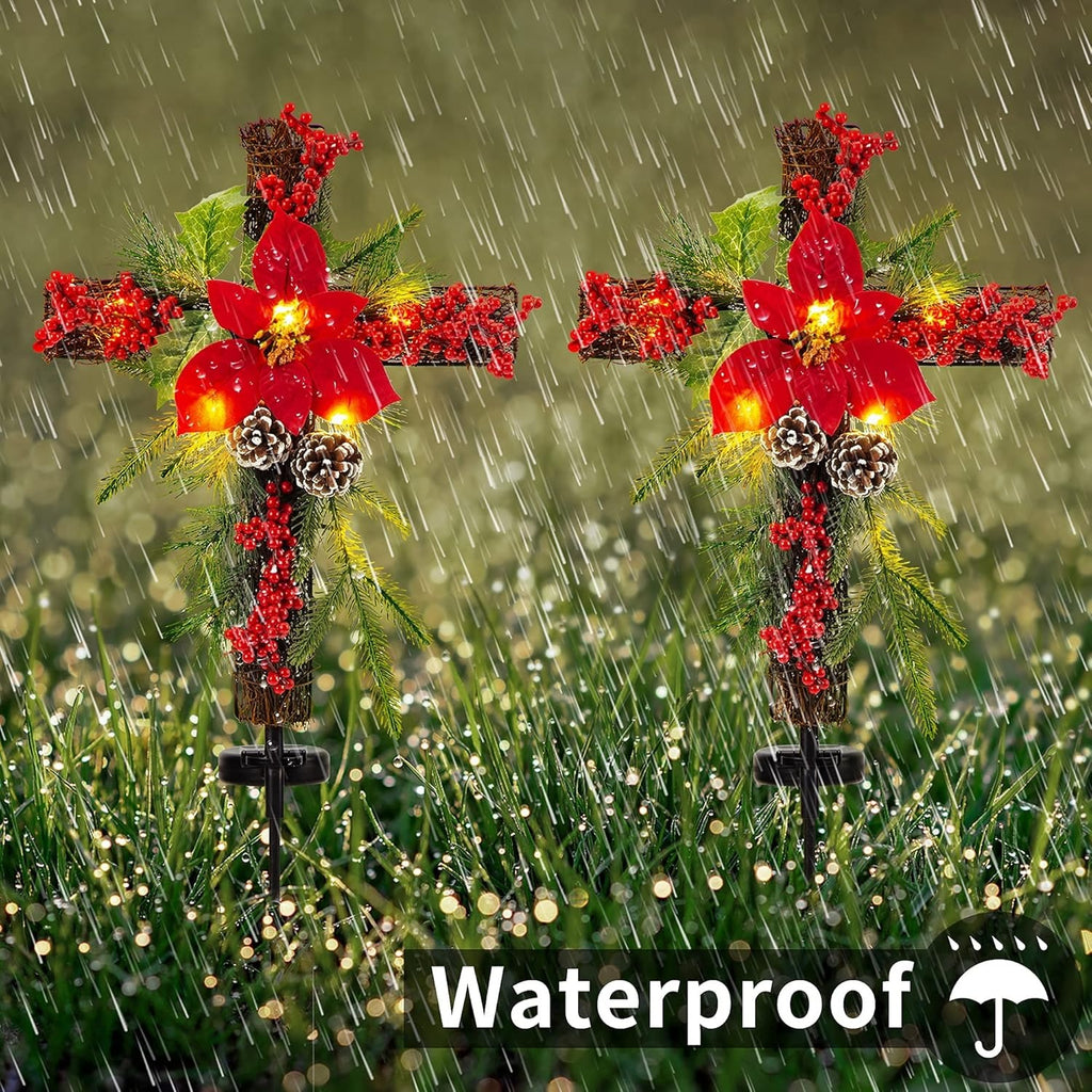 Christmas Waterproof Cross Solar Stake Decoration with Holiday Greenery & Poinsettia &  Berries