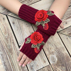 Women Rose Flower embroidery Winter Fingerless Gloves