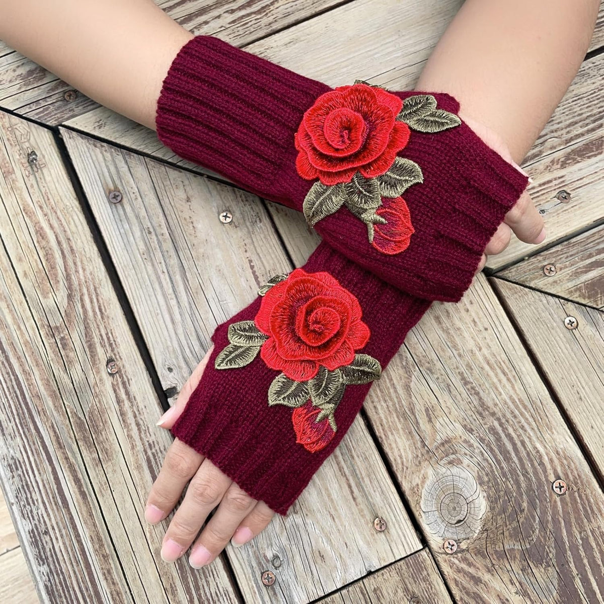 Women Rose Flower embroidery Winter Fingerless Gloves