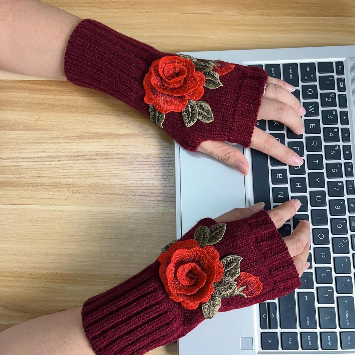 Women Rose Flower embroidery Winter Fingerless Gloves