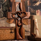Hand-Carved Intertwined Hearts Wooden Cross