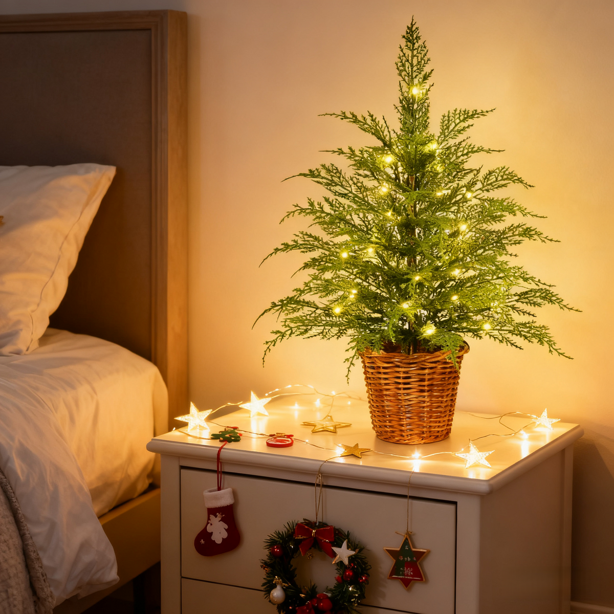Pre-Lit Green Cypress Artificial Christmas Tree With Woven Basket And Timer