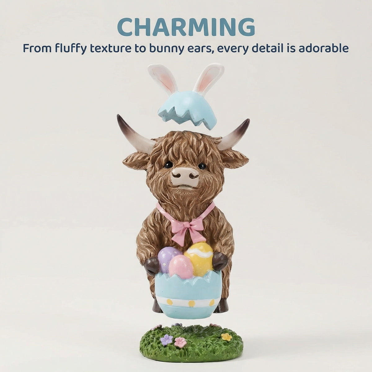 Easter Highland Cow Set with Bunny Ears on Base