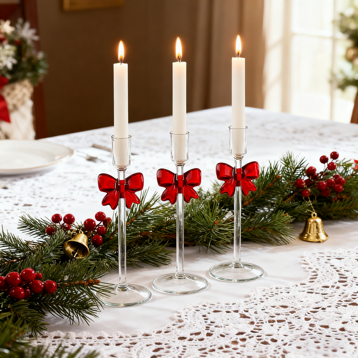 🎄Early Christmas Sale🔥Clear Glass Christmas Taper Candle Holder with Bow