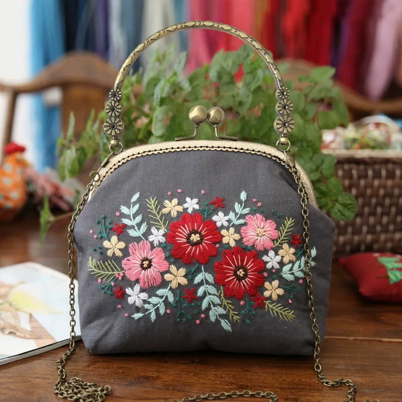 DIY Embroidered Clasp Lock Handbag Making Kit with Thread