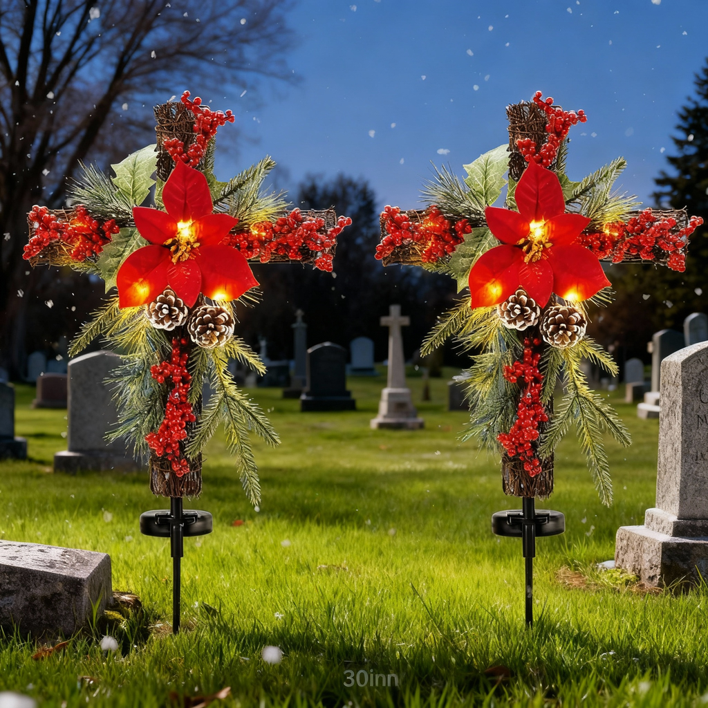 Christmas Waterproof Cross Solar Stake Decoration with Holiday Greenery & Poinsettia &  Berries