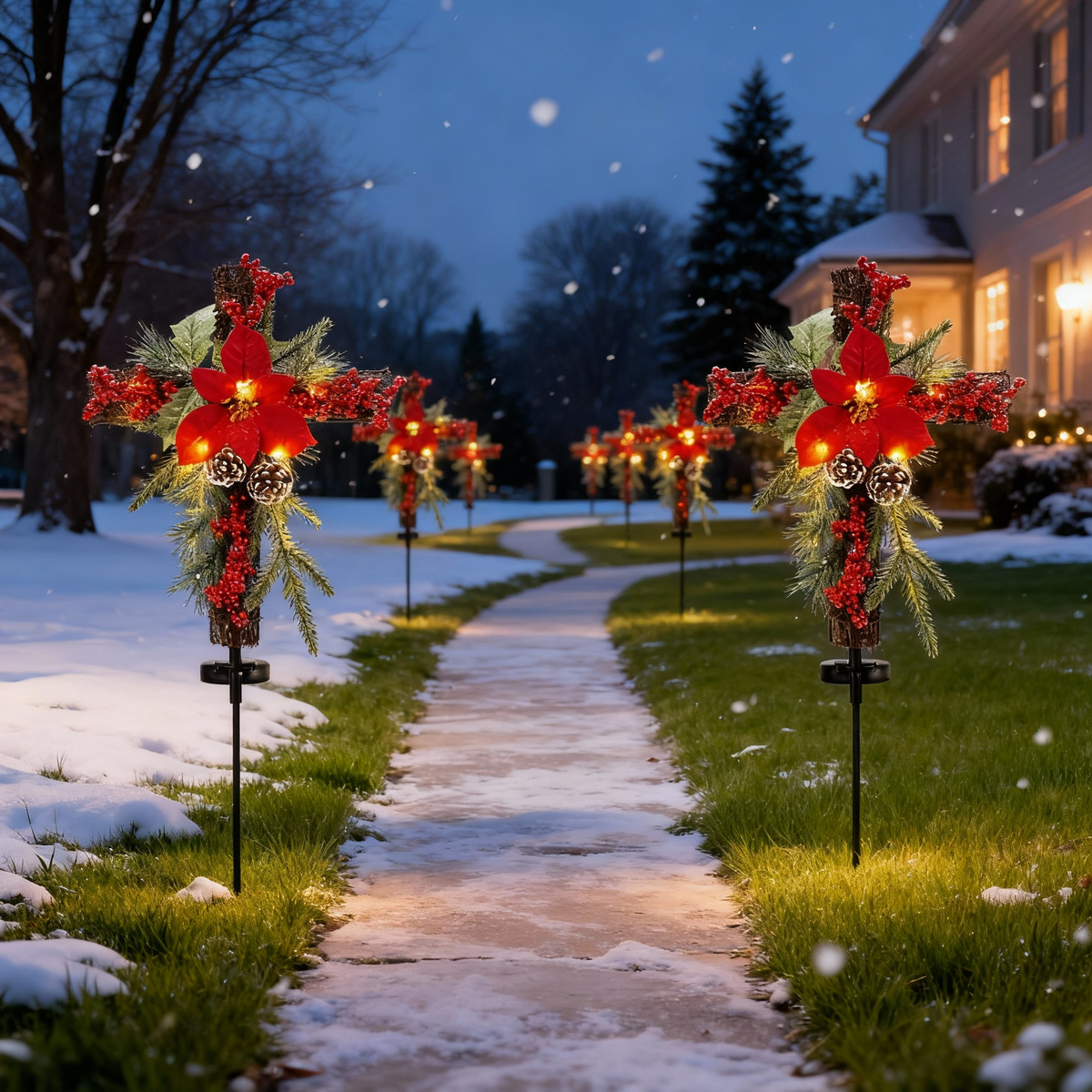 Christmas Waterproof Cross Solar Stake Decoration with Holiday Greenery & Poinsettia &  Berries