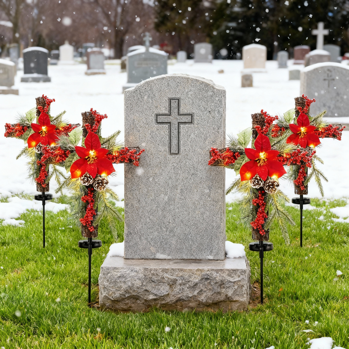 Christmas Waterproof Cross Solar Stake Decoration with Holiday Greenery & Poinsettia &  Berries